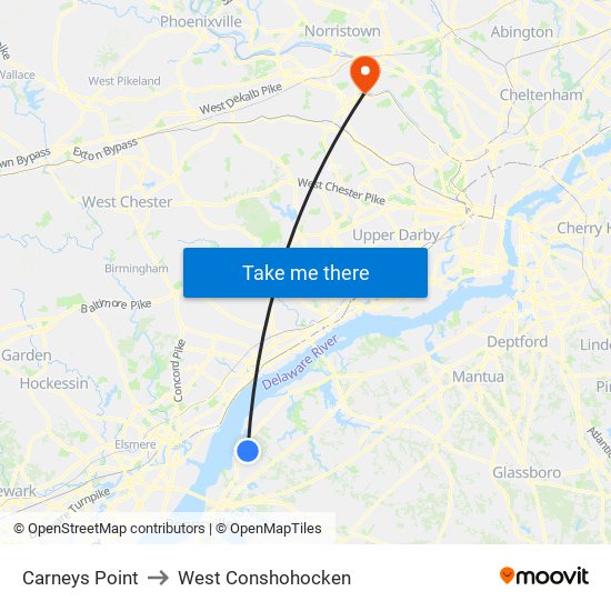 Carneys Point to West Conshohocken map