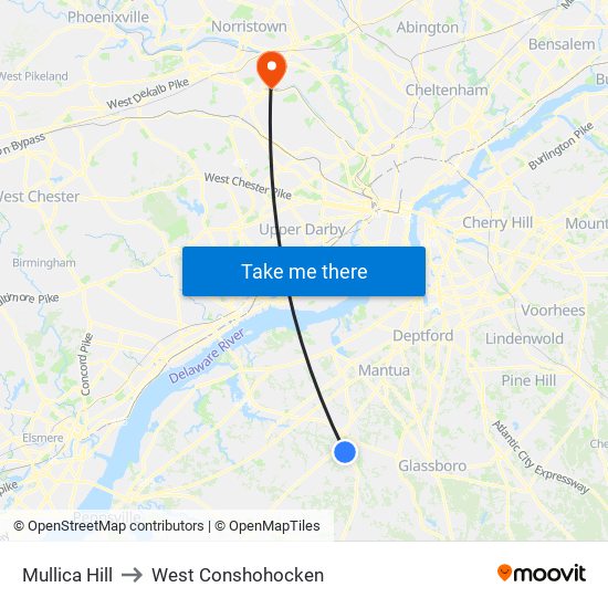 Mullica Hill to West Conshohocken map