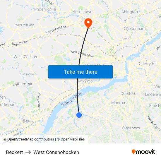 Beckett to West Conshohocken map