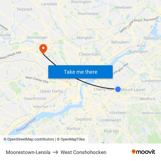 Moorestown-Lenola to West Conshohocken map