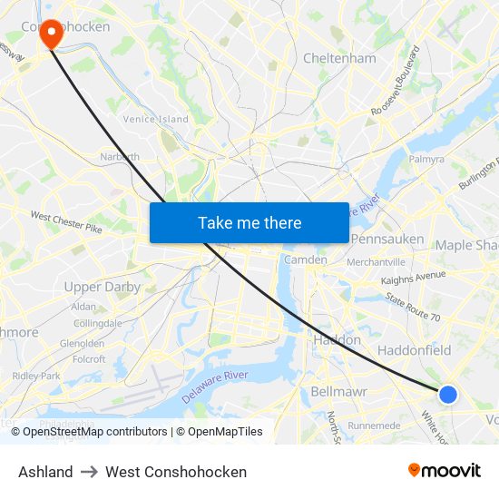 Ashland to West Conshohocken map