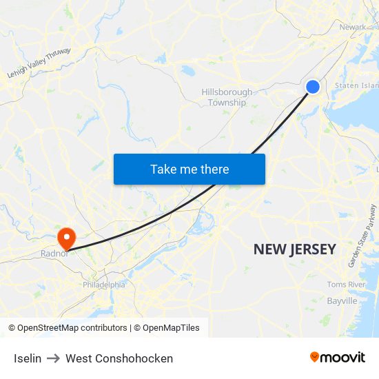 Iselin to West Conshohocken map