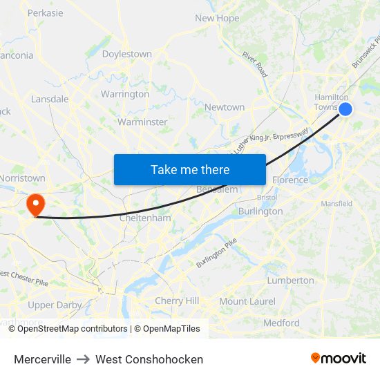 Mercerville to West Conshohocken map