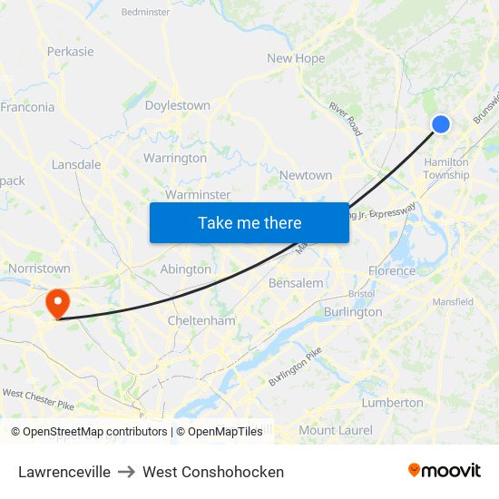 Lawrenceville to West Conshohocken map