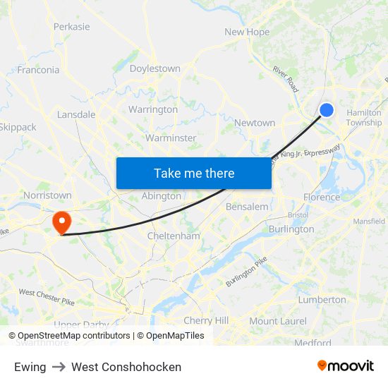Ewing to West Conshohocken map