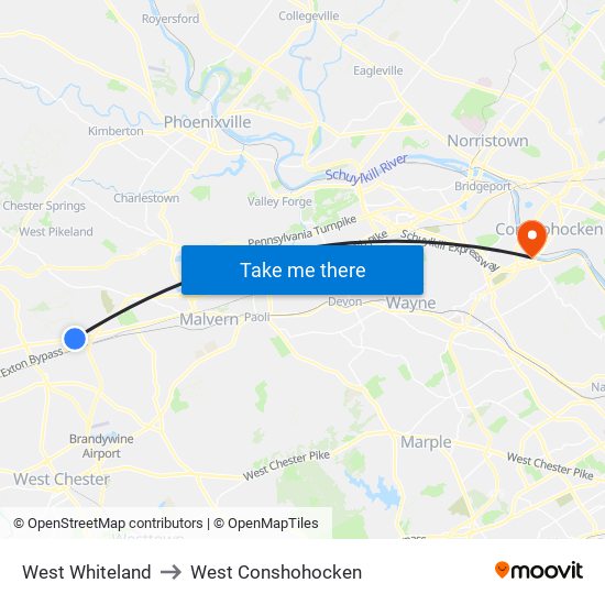 West Whiteland to West Conshohocken map