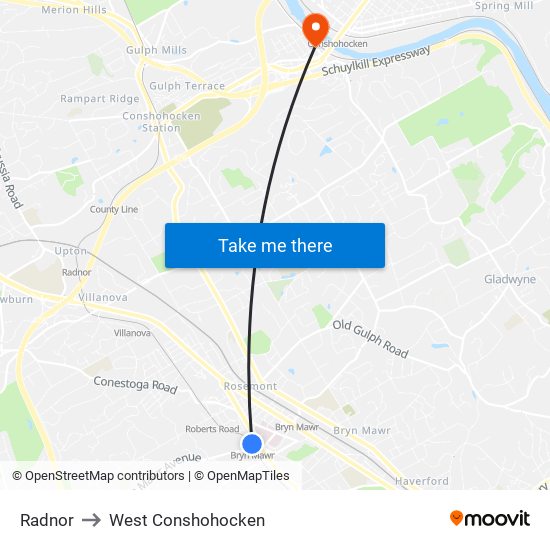 Radnor to West Conshohocken map