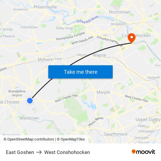 East Goshen to West Conshohocken map