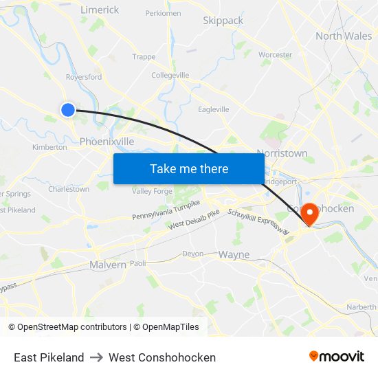 East Pikeland to West Conshohocken map