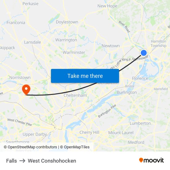 Falls to West Conshohocken map