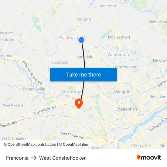 Franconia to West Conshohocken map