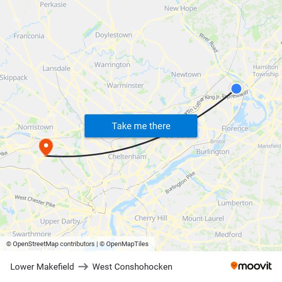 Lower Makefield to West Conshohocken map