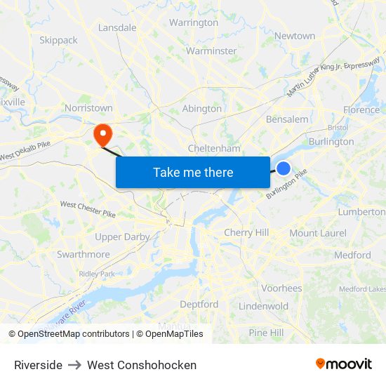 Riverside to West Conshohocken map