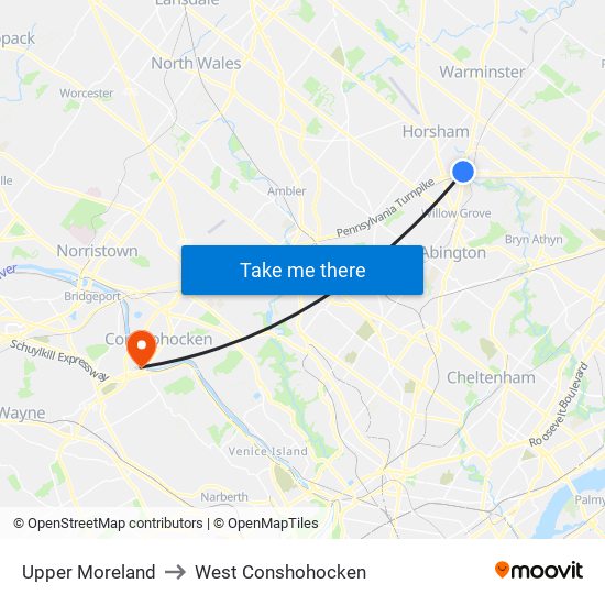 Upper Moreland to West Conshohocken map