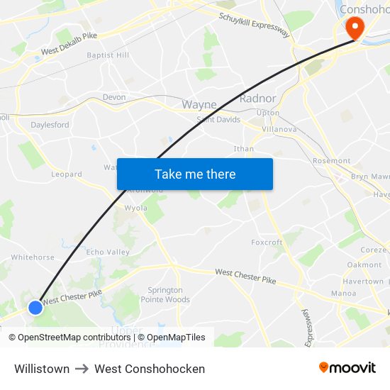 Willistown to West Conshohocken map