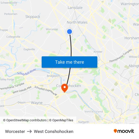 Worcester to West Conshohocken map