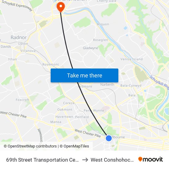 69th Street Transportation Center to West Conshohocken map