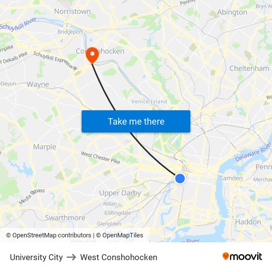 University City to West Conshohocken map