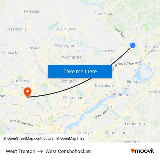 West Trenton to West Conshohocken map