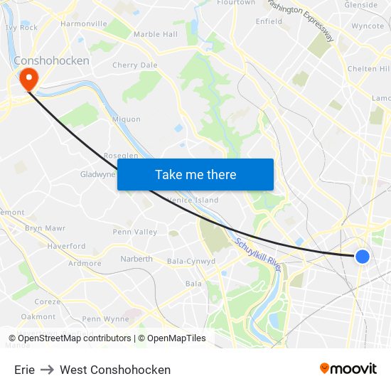 Erie to West Conshohocken map