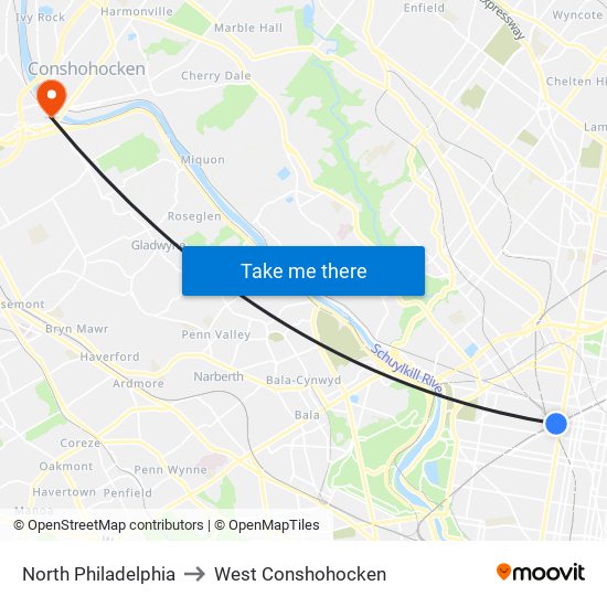 North Philadelphia to West Conshohocken map