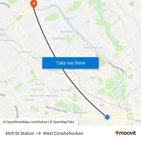 46th St Station to West Conshohocken map