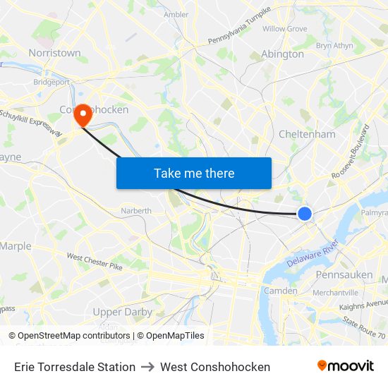 Erie Torresdale Station to West Conshohocken map