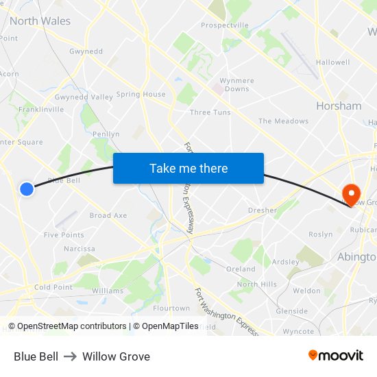 Blue Bell to Willow Grove map