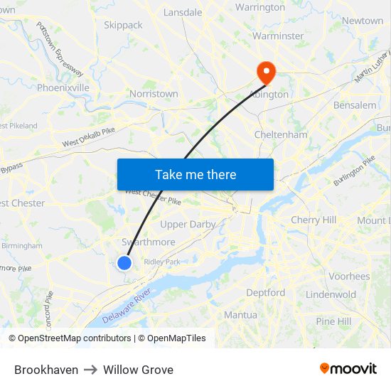 Brookhaven to Willow Grove map