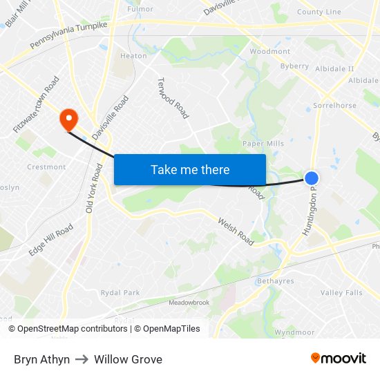 Bryn Athyn to Willow Grove map