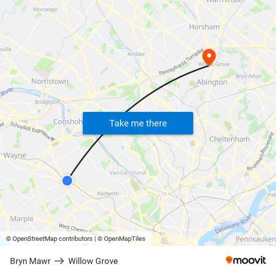 Bryn Mawr to Willow Grove map