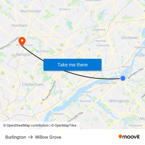 Burlington to Willow Grove map