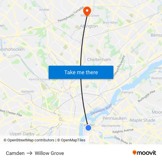 Camden to Willow Grove map