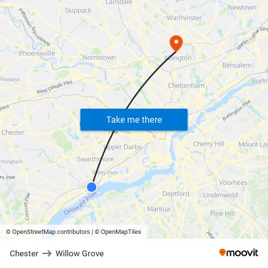 Chester to Willow Grove map
