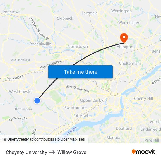 Cheyney University to Willow Grove map