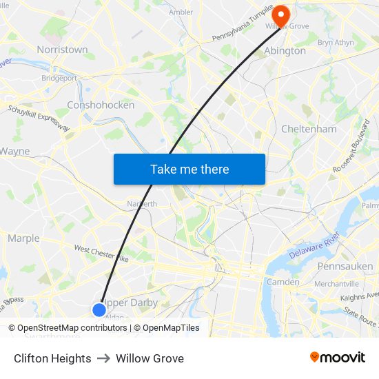 Clifton Heights to Willow Grove map