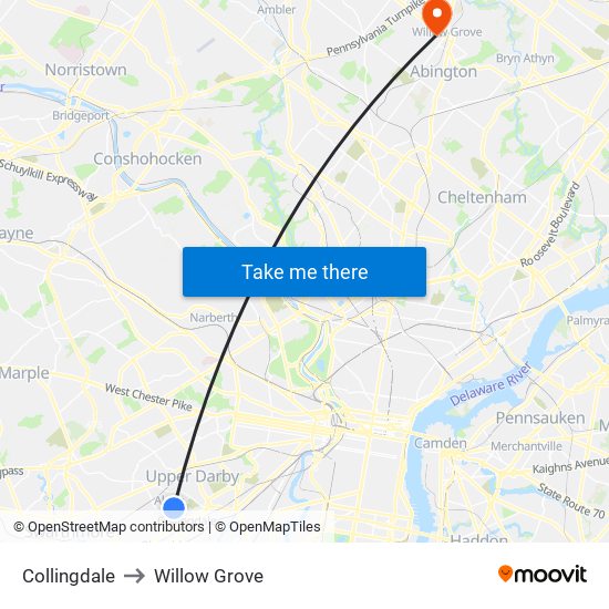 Collingdale to Willow Grove map