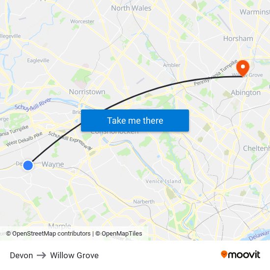 Devon to Willow Grove map