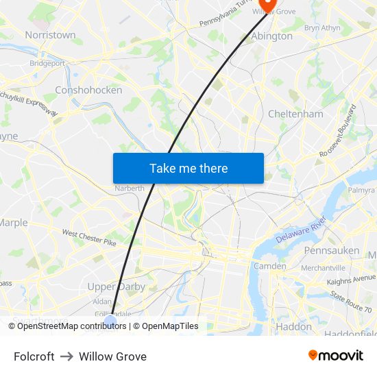 Folcroft to Willow Grove map