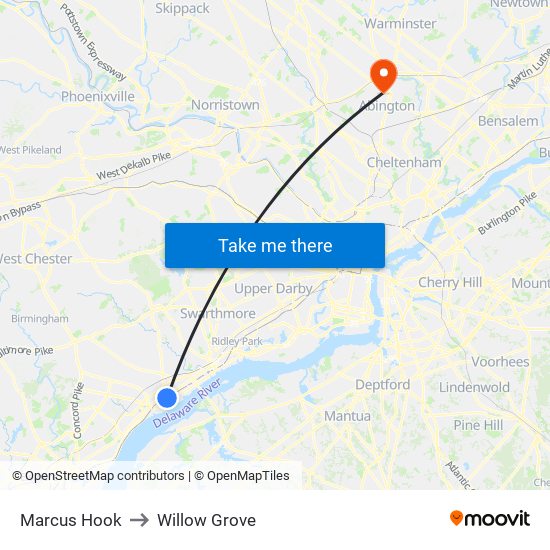 Marcus Hook to Willow Grove map