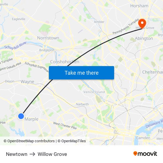 Newtown to Willow Grove map