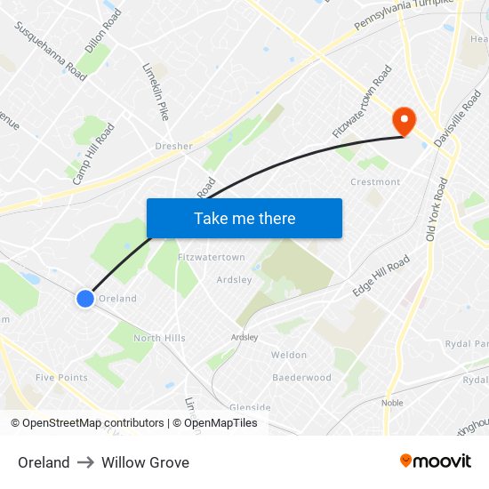 Oreland to Willow Grove map