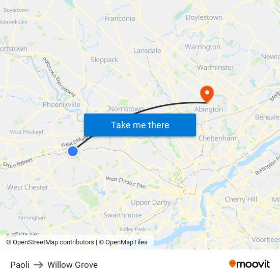 Paoli to Willow Grove map