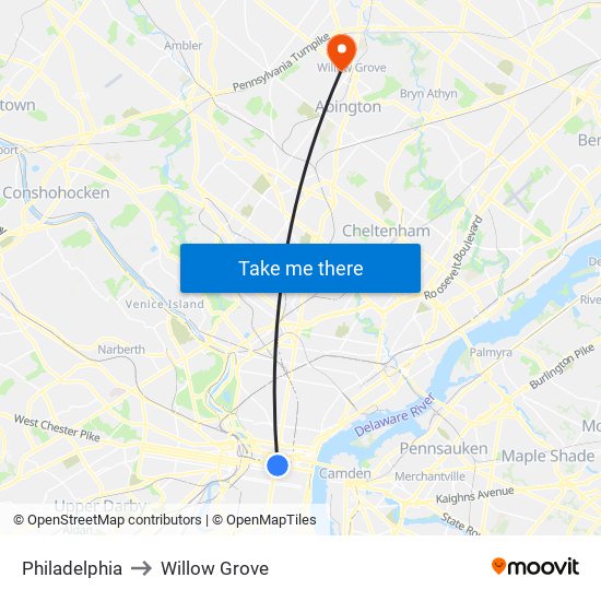 Philadelphia to Willow Grove map