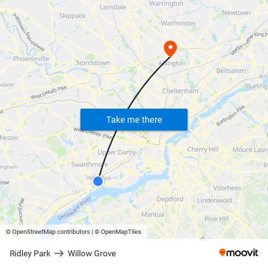 Ridley Park to Willow Grove map