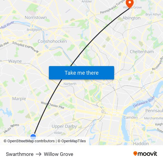 Swarthmore to Willow Grove map