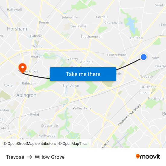 Trevose to Willow Grove map