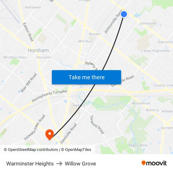 Warminster Heights to Willow Grove map