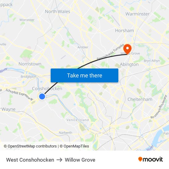 West Conshohocken to Willow Grove map