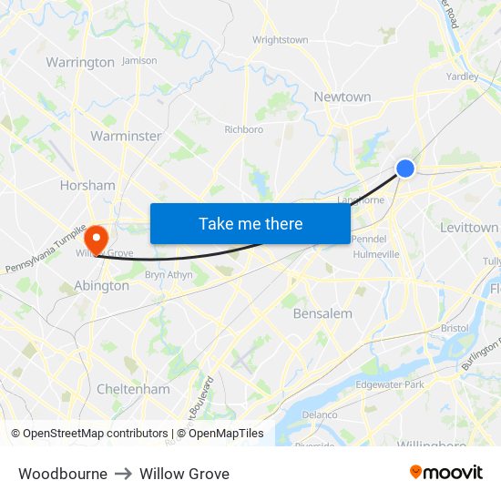 Woodbourne to Willow Grove map